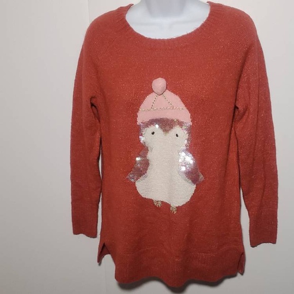 Sweaters - Cozy Orange Sweater with Penguin Design